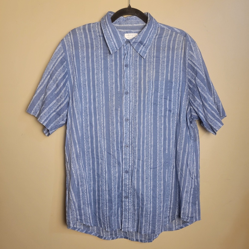 Life is Good Mens Blue Striped Tribal Swirl Short Sleeve‎ Button Down Shirt M